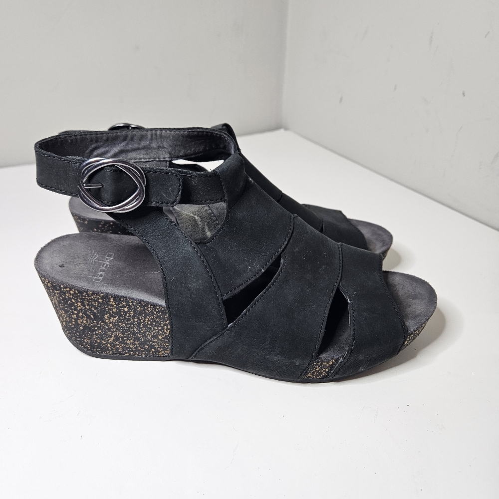 Dansko Women's Sera Suede Wedge Sandals Black Gray Cork 40 9.5 10